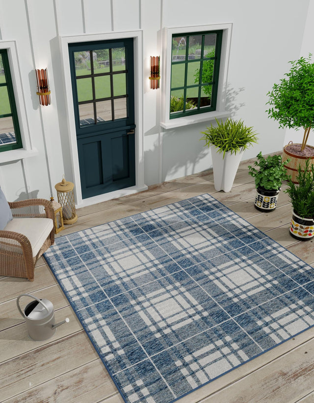 Blue 7' 10 x 7' 10 Outdoor Checkered Square Area Rug Weather Resistant for Patio, Deck, Terrace, Balcony, Porch 100% Polypropylene Geometric Carpet for Sale at Rug Engine