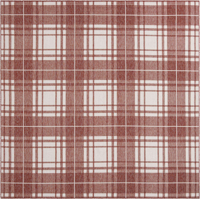 Red 10' x 10' Outdoor Checkered Square Area Rug Weather Resistant for Patio, Deck, Terrace, Balcony, Porch