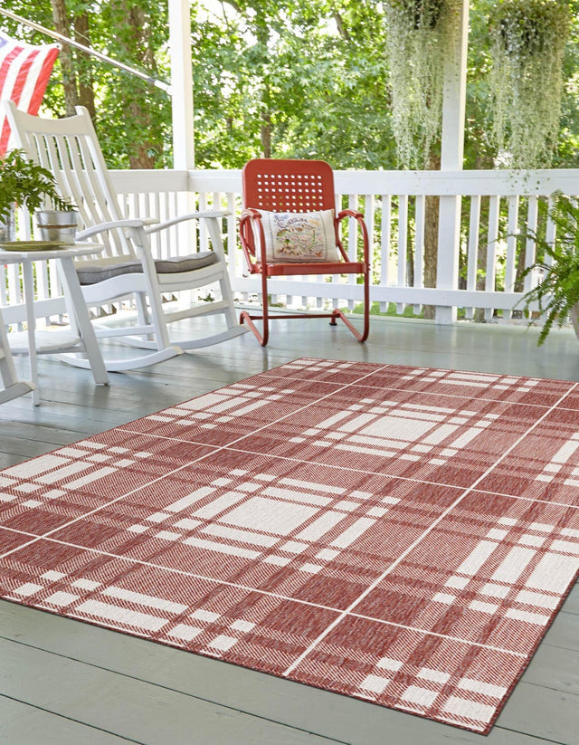 Red 4' 1 x 6' 1 Outdoor Checkered Rectangle Area Rug Weather Resistant for Patio, Deck, Terrace, Balcony, Porch 100% Polypropylene Geometric Carpet for Sale at Rug Engine