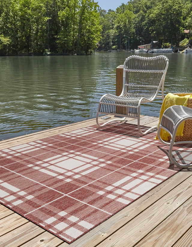 Red 4' 1 x 6' 1 Outdoor Checkered Rectangle Area Rug Weather Resistant for Patio, Deck, Terrace, Balcony, Porch 100% Polypropylene Geometric Carpet for Sale at Rug Engine