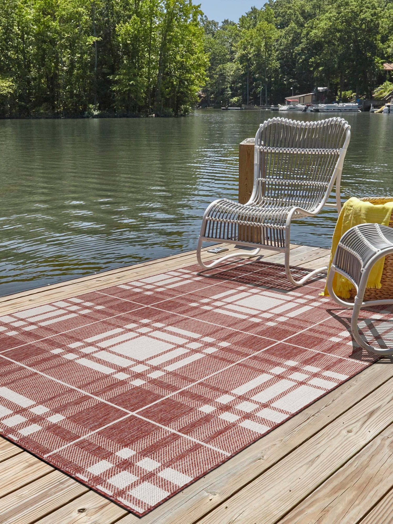 Red 7' 10 x 10' Outdoor Checkered Rectangle Area Rug Weather Resistant for Patio, Deck, Terrace, Balcony, Porch 100% Polypropylene Geometric Carpet for Sale at Rug Engine