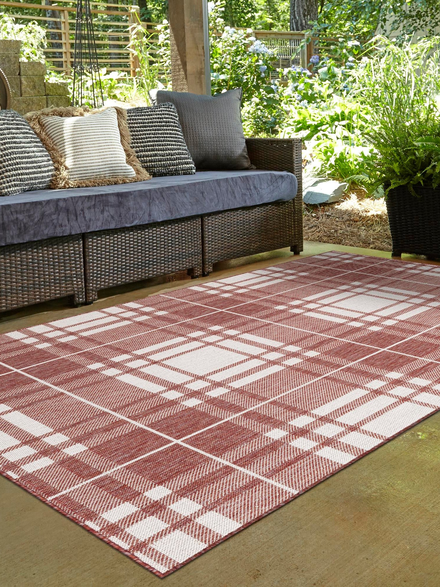 Red 7' 10 x 10' Outdoor Checkered Rectangle Area Rug Weather Resistant for Patio, Deck, Terrace, Balcony, Porch 100% Polypropylene Geometric Carpet for Sale at Rug Engine