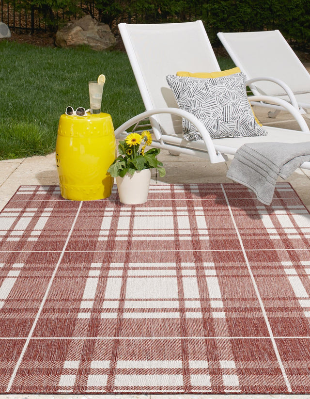 Red 4' 1 x 6' 1 Outdoor Checkered Rectangle Area Rug Weather Resistant for Patio, Deck, Terrace, Balcony, Porch 100% Polypropylene Geometric Carpet for Sale at Rug Engine
