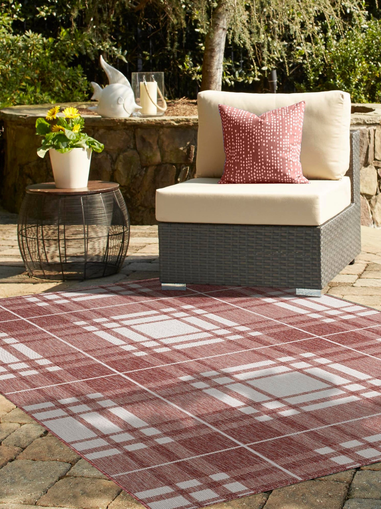 Red 7' 10 x 10' Outdoor Checkered Rectangle Area Rug Weather Resistant for Patio, Deck, Terrace, Balcony, Porch 100% Polypropylene Geometric Carpet for Sale at Rug Engine