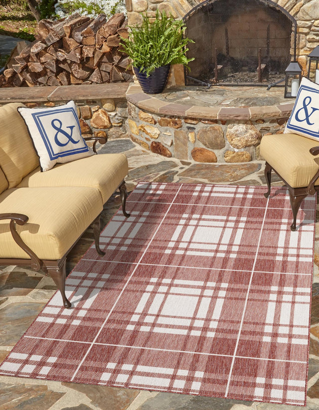 Red 4' 1 x 6' 1 Outdoor Checkered Rectangle Area Rug Weather Resistant for Patio, Deck, Terrace, Balcony, Porch 100% Polypropylene Geometric Carpet for Sale at Rug Engine