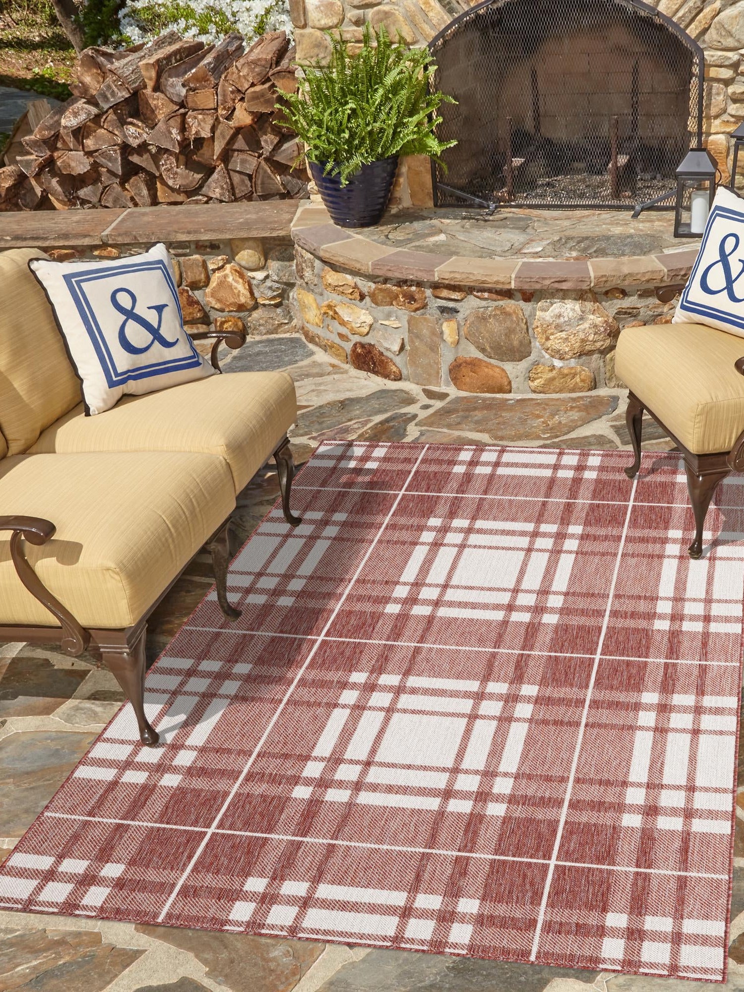 Red 7' 10 x 10' Outdoor Checkered Rectangle Area Rug Weather Resistant for Patio, Deck, Terrace, Balcony, Porch 100% Polypropylene Geometric Carpet for Sale at Rug Engine
