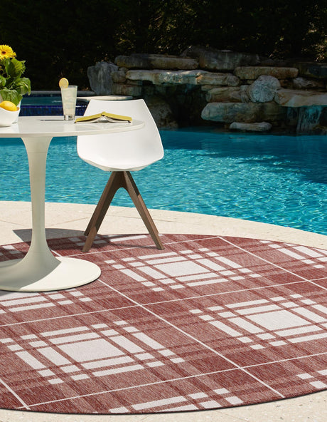Red 3' 1 x 3' 1 Outdoor Checkered Round Area Rug Weather Resistant for Patio, Deck, Terrace, Balcony, Porch 100% Polypropylene Geometric Carpet for Sale at Rug Engine