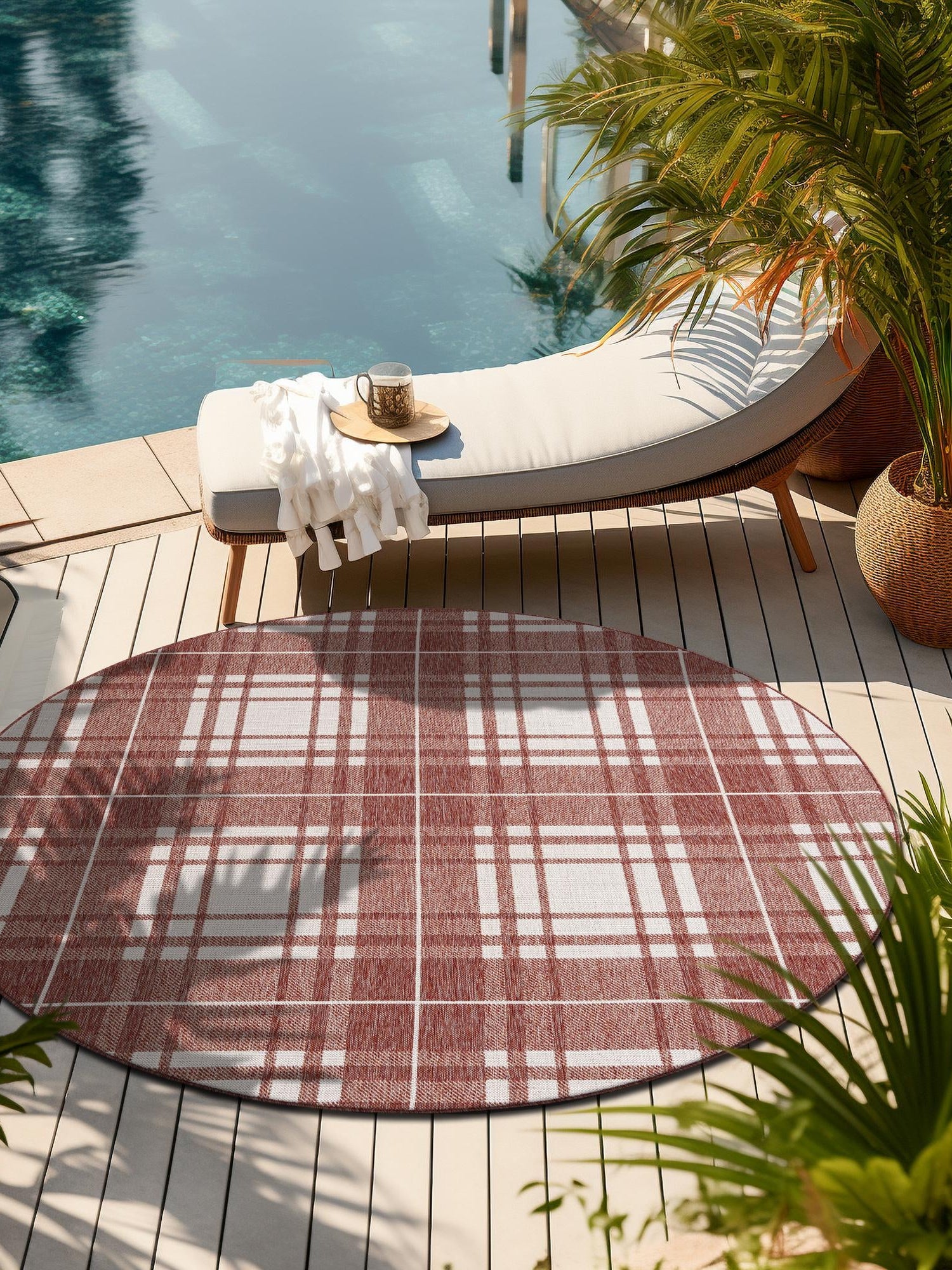 Red 6' 1 x 6' 1 Outdoor Checkered Round Area Rug Weather Resistant for Patio, Deck, Terrace, Balcony, Porch 100% Polypropylene Geometric Carpet for Sale at Rug Engine