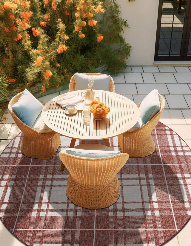 Red 3' 1 x 3' 1 Outdoor Checkered Round Area Rug Weather Resistant for Patio, Deck, Terrace, Balcony, Porch 100% Polypropylene Geometric Carpet for Sale at Rug Engine