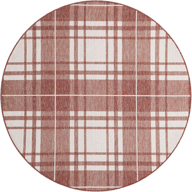 Red 6' 1 x 6' 1 Outdoor Checkered Round Area Rug Weather Resistant for Patio, Deck, Terrace, Balcony, Porch 100% Polypropylene Geometric Carpet for Sale at Rug Engine