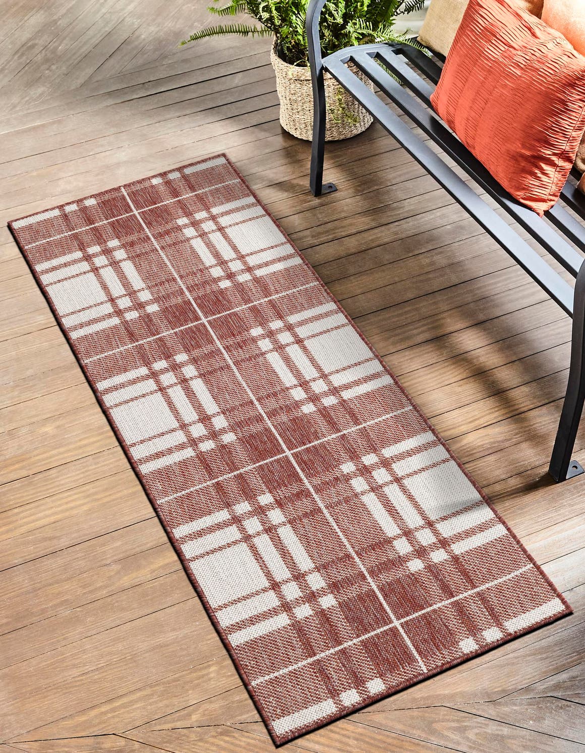 Red 2' x 6' 1 Outdoor Checkered Runner Area Rug Weather Resistant for Patio, Deck, Terrace, Balcony, Porch 100% Polypropylene Geometric Carpet for Sale at Rug Engine