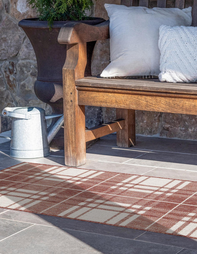 Red 2' x 6' 1 Outdoor Checkered Runner Area Rug Weather Resistant for Patio, Deck, Terrace, Balcony, Porch 100% Polypropylene Geometric Carpet for Sale at Rug Engine