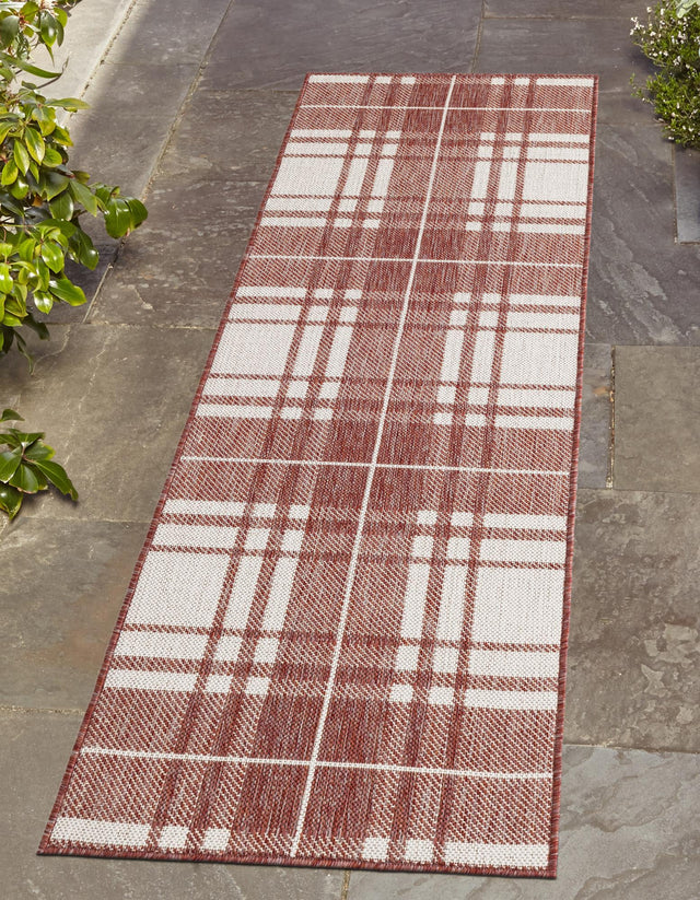Red 2' x 6' 1 Outdoor Checkered Runner Area Rug Weather Resistant for Patio, Deck, Terrace, Balcony, Porch 100% Polypropylene Geometric Carpet for Sale at Rug Engine