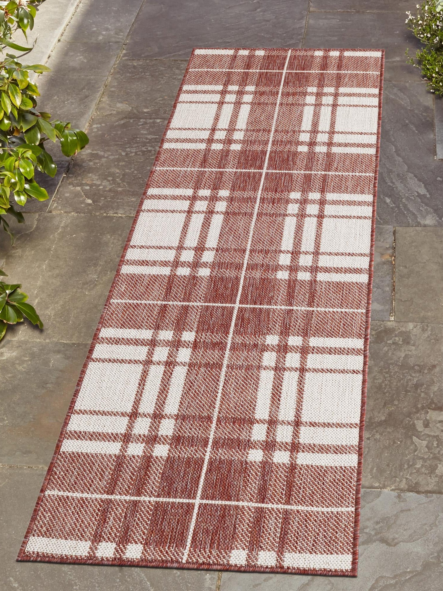 Red 2' x 5' 3 Outdoor Checkered Runner Area Rug Weather Resistant for Patio, Deck, Terrace, Balcony, Porch 100% Polypropylene Geometric Carpet for Sale at Rug Engine