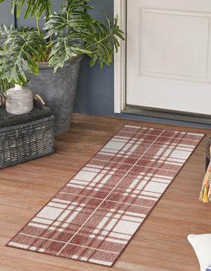 Red 2' x 6' 1 Outdoor Checkered Runner Area Rug Weather Resistant for Patio, Deck, Terrace, Balcony, Porch 100% Polypropylene Geometric Carpet for Sale at Rug Engine