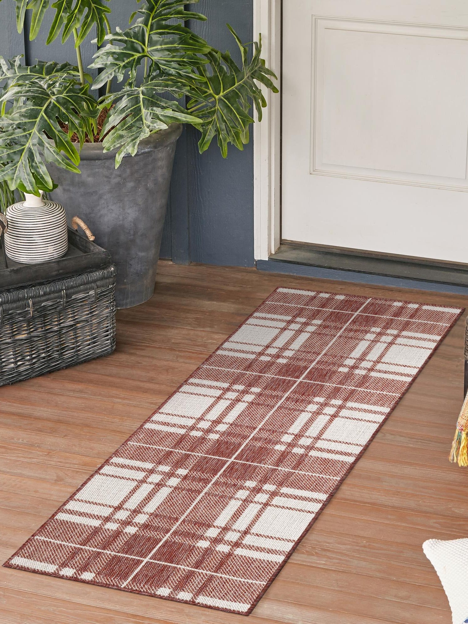 Red 2' x 8' Outdoor Checkered Runner Area Rug Weather Resistant for Patio, Deck, Terrace, Balcony, Porch 100% Polypropylene Geometric Carpet for Sale at Rug Engine