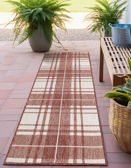 Red 2' x 6' 1 Outdoor Checkered Runner Area Rug Weather Resistant for Patio, Deck, Terrace, Balcony, Porch 100% Polypropylene Geometric Carpet for Sale at Rug Engine