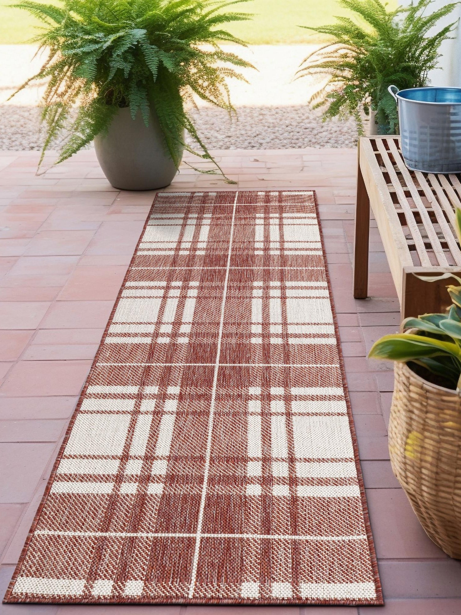 Red 2' x 5' 3 Outdoor Checkered Runner Area Rug Weather Resistant for Patio, Deck, Terrace, Balcony, Porch 100% Polypropylene Geometric Carpet for Sale at Rug Engine