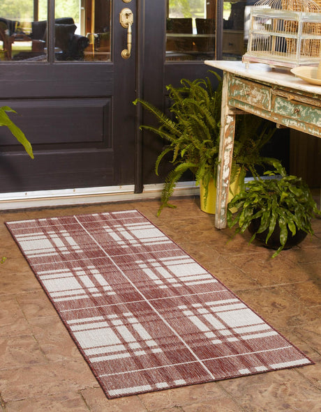 Red 2' x 6' 1 Outdoor Checkered Runner Area Rug Weather Resistant for Patio, Deck, Terrace, Balcony, Porch 100% Polypropylene Geometric Carpet for Sale at Rug Engine