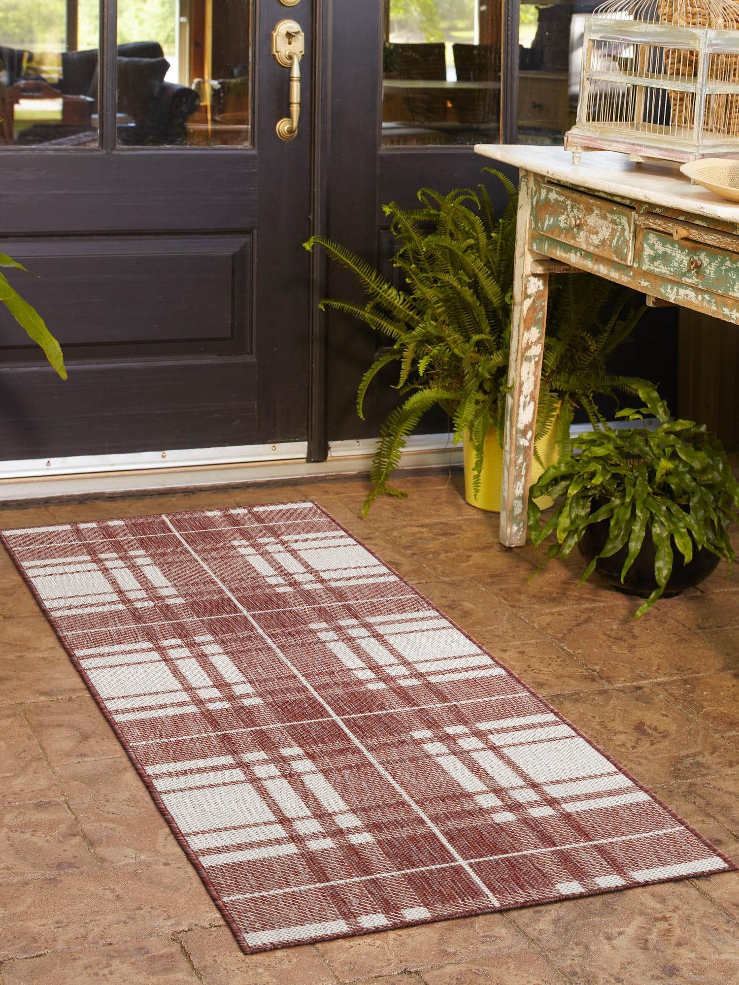 Red 2' x 8' Outdoor Checkered Runner Area Rug Weather Resistant for Patio, Deck, Terrace, Balcony, Porch 100% Polypropylene Geometric Carpet for Sale at Rug Engine