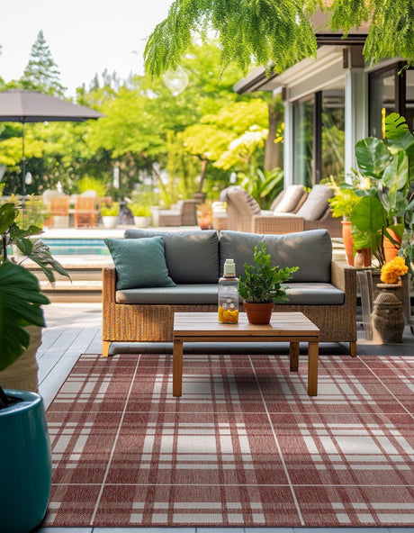 Red 10' x 10' Outdoor Checkered Square Area Rug Weather Resistant for Patio, Deck, Terrace, Balcony, Porch