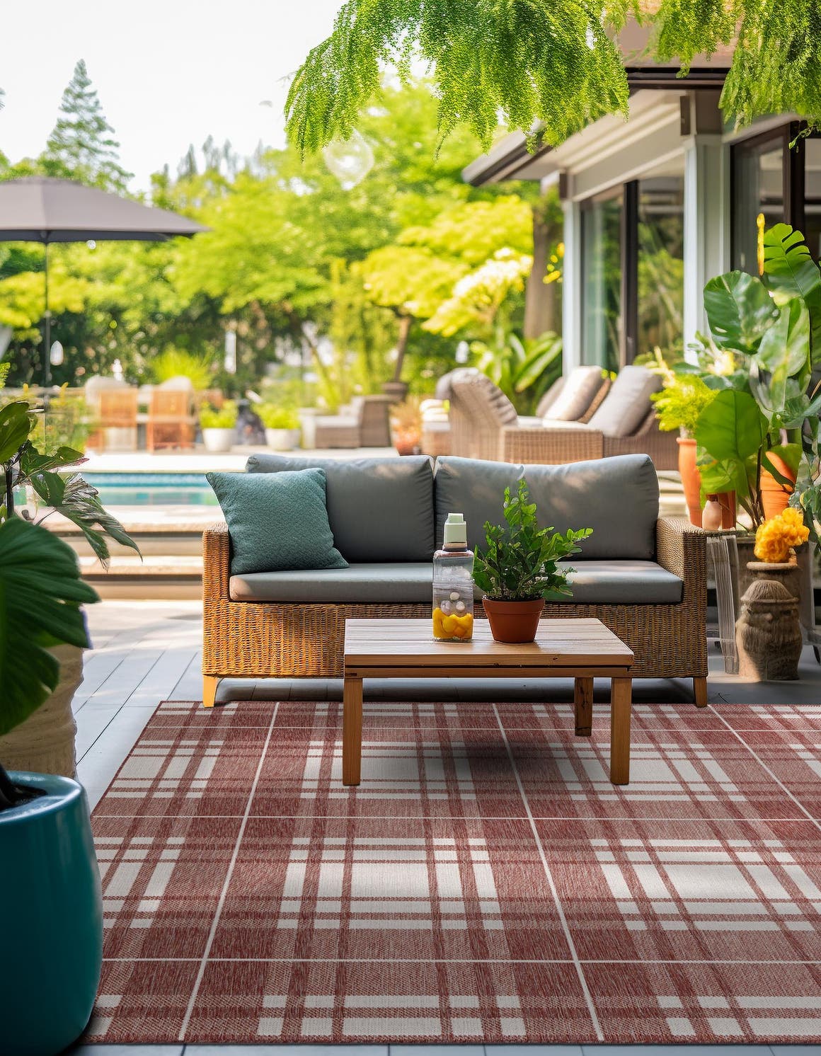 Red 7' 10 x 7' 10 Outdoor Checkered Square Area Rug Weather Resistant for Patio, Deck, Terrace, Balcony, Porch 100% Polypropylene Geometric Carpet for Sale at Rug Engine