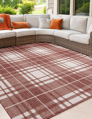 Red 10' x 10' Outdoor Checkered Square Area Rug Weather Resistant for Patio, Deck, Terrace, Balcony, Porch