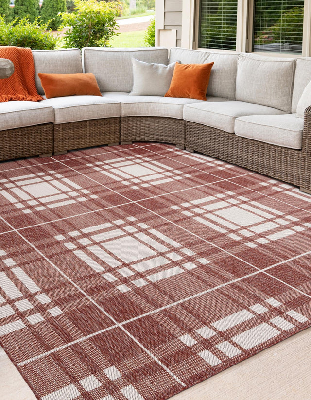 Red 10' x 10' Outdoor Checkered Square Area Rug Weather Resistant for Patio, Deck, Terrace, Balcony, Porch