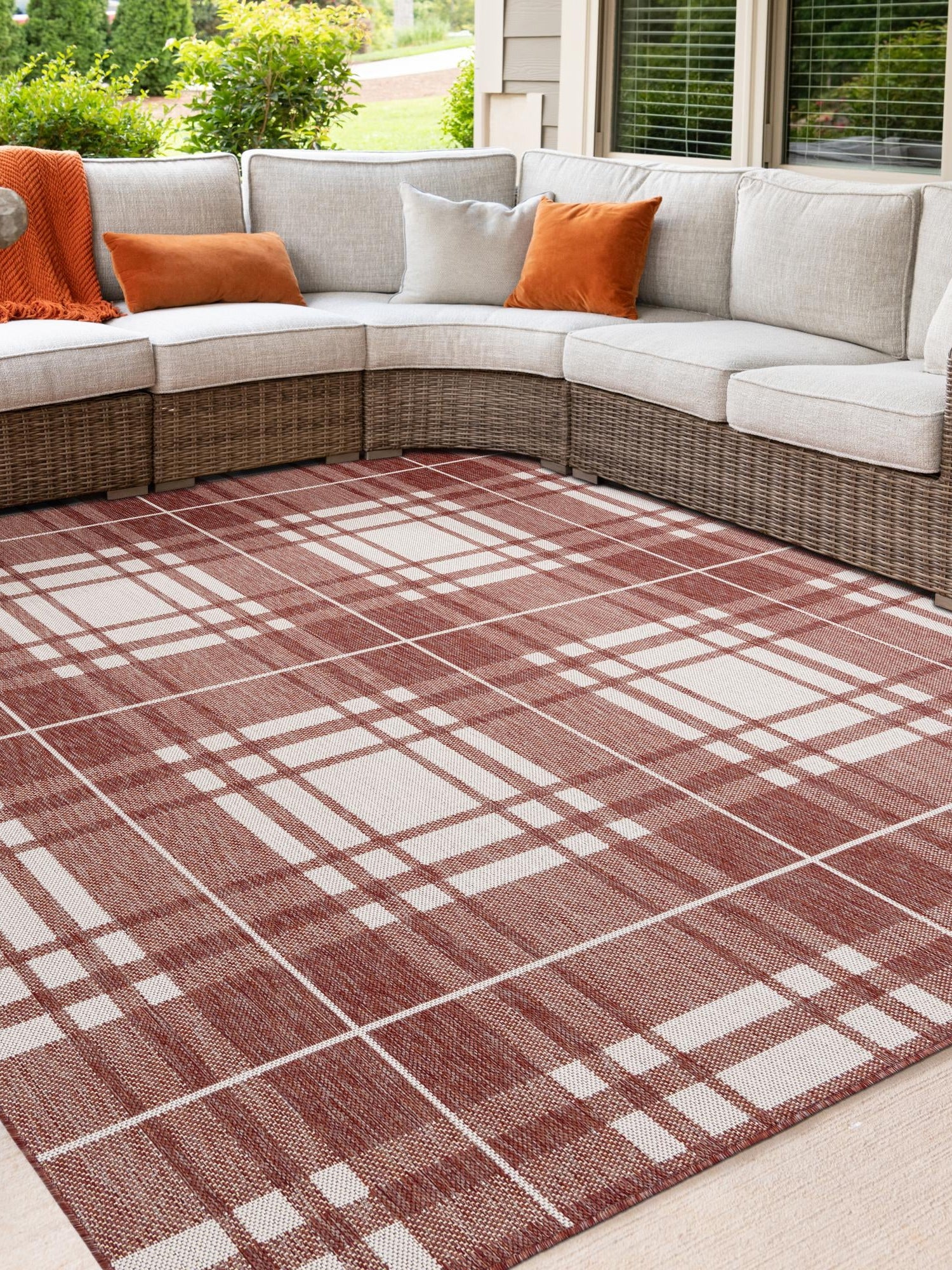 Red 7' 10 x 7' 10 Outdoor Checkered Square Area Rug Weather Resistant for Patio, Deck, Terrace, Balcony, Porch 100% Polypropylene Geometric Carpet for Sale at Rug Engine