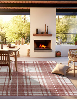 Red 10' x 10' Outdoor Checkered Square Area Rug Weather Resistant for Patio, Deck, Terrace, Balcony, Porch