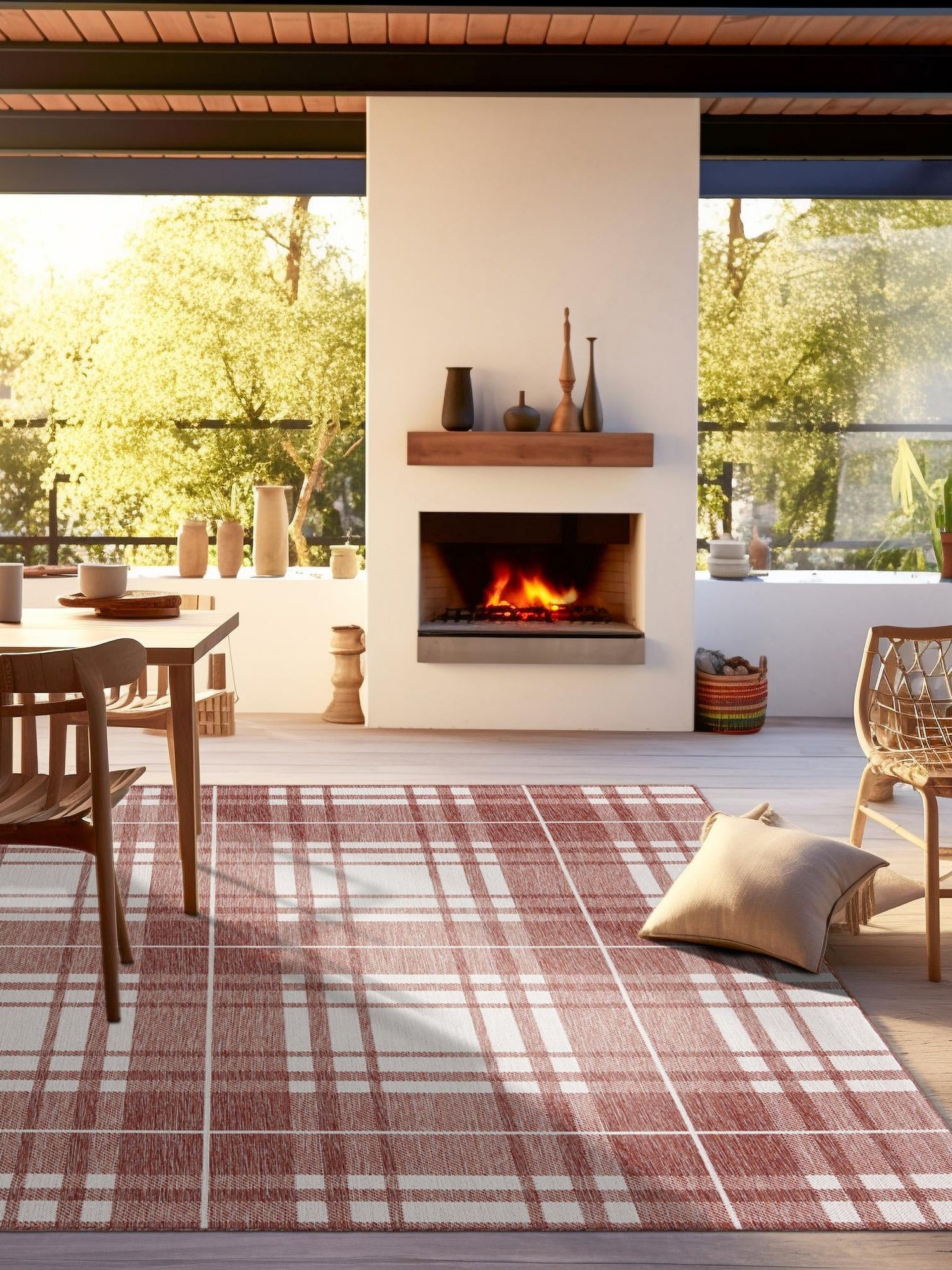 Red 7' 10 x 7' 10 Outdoor Checkered Square Area Rug Weather Resistant for Patio, Deck, Terrace, Balcony, Porch 100% Polypropylene Geometric Carpet for Sale at Rug Engine