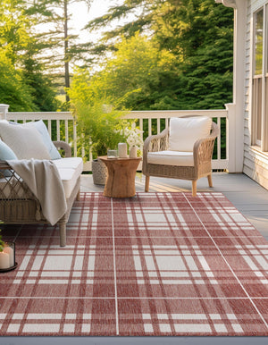 Red 10' x 10' Outdoor Checkered Square Area Rug Weather Resistant for Patio, Deck, Terrace, Balcony, Porch