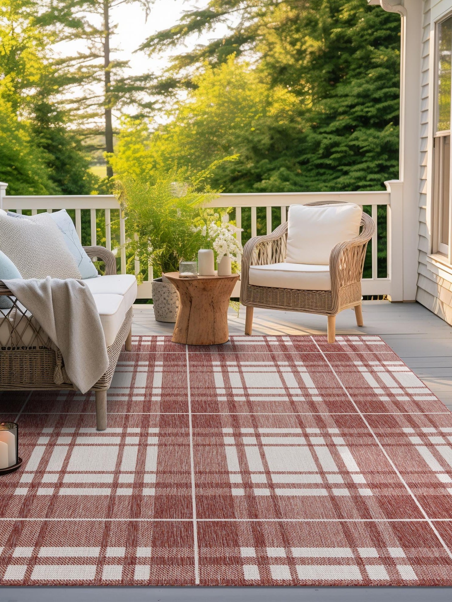 Red 7' 10 x 7' 10 Outdoor Checkered Square Area Rug Weather Resistant for Patio, Deck, Terrace, Balcony, Porch 100% Polypropylene Geometric Carpet for Sale at Rug Engine