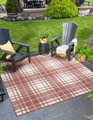 Red 10' x 10' Outdoor Checkered Square Area Rug Weather Resistant for Patio, Deck, Terrace, Balcony, Porch