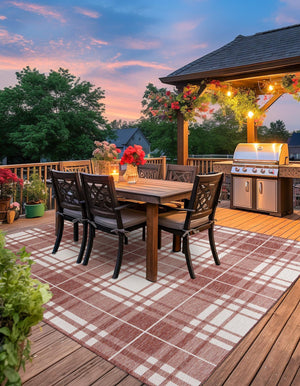 Red 10' x 10' Outdoor Checkered Square Area Rug Weather Resistant for Patio, Deck, Terrace, Balcony, Porch
