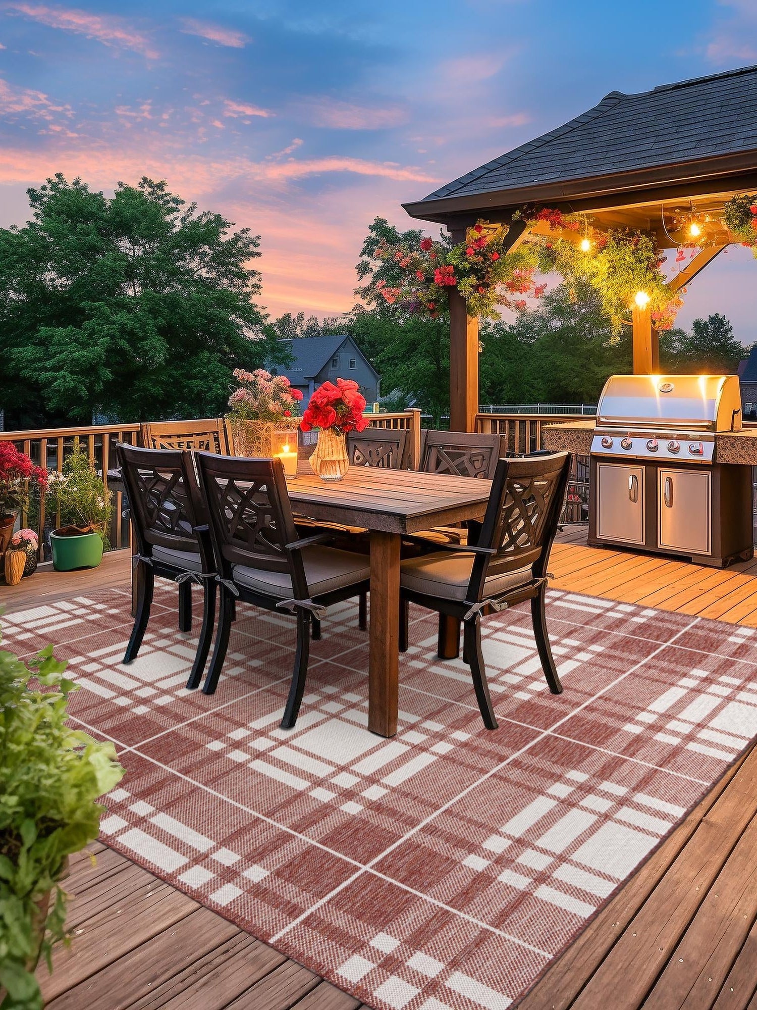 Red 7' 10 x 7' 10 Outdoor Checkered Square Area Rug Weather Resistant for Patio, Deck, Terrace, Balcony, Porch 100% Polypropylene Geometric Carpet for Sale at Rug Engine