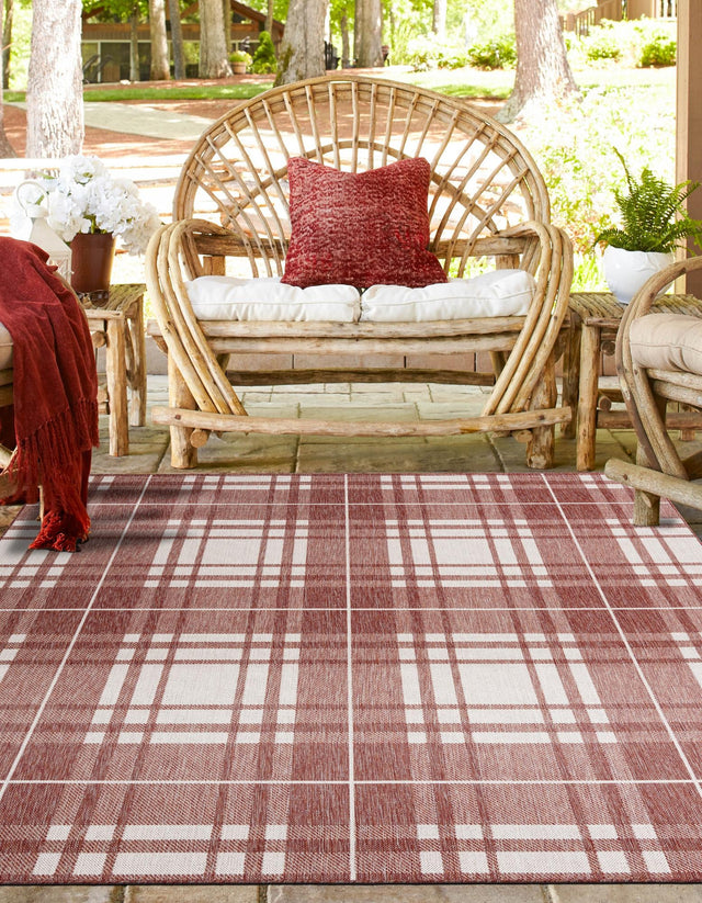 Red 10' x 10' Outdoor Checkered Square Area Rug Weather Resistant for Patio, Deck, Terrace, Balcony, Porch