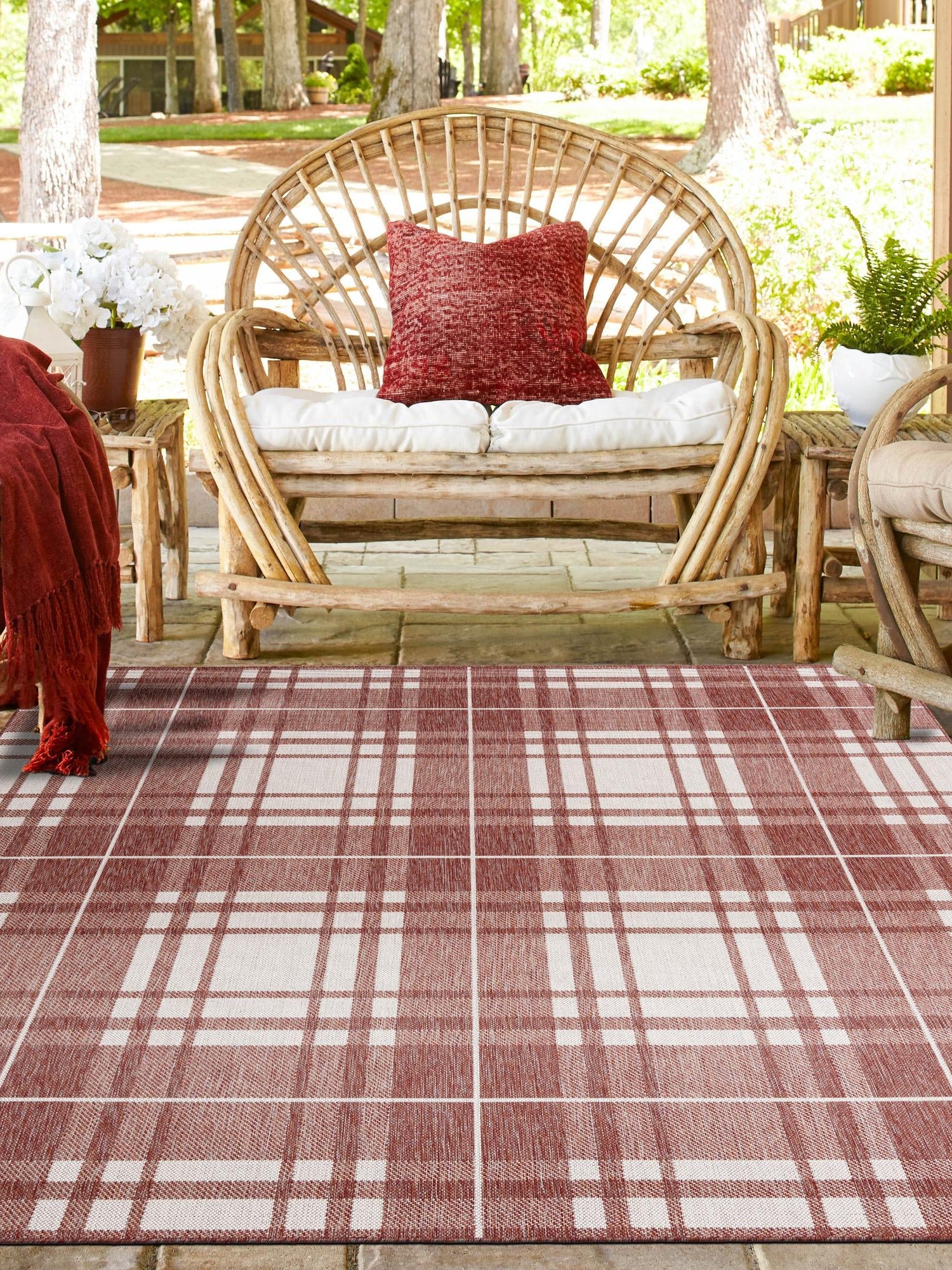 Red 7' 10 x 7' 10 Outdoor Checkered Square Area Rug Weather Resistant for Patio, Deck, Terrace, Balcony, Porch 100% Polypropylene Geometric Carpet for Sale at Rug Engine
