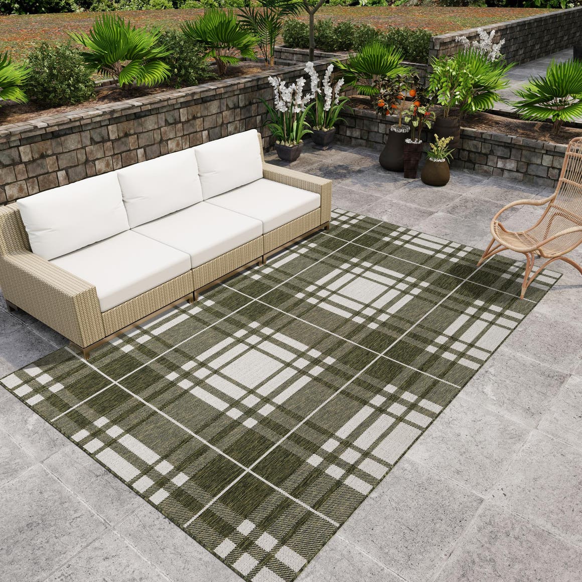 Green 5' 3 x 7' 1 Outdoor Checkered Rectangle Area Rug Weather Resistant for Patio, Deck, Terrace, Balcony, Porch 100% Polypropylene Geometric Carpet for Sale at Rug Engine