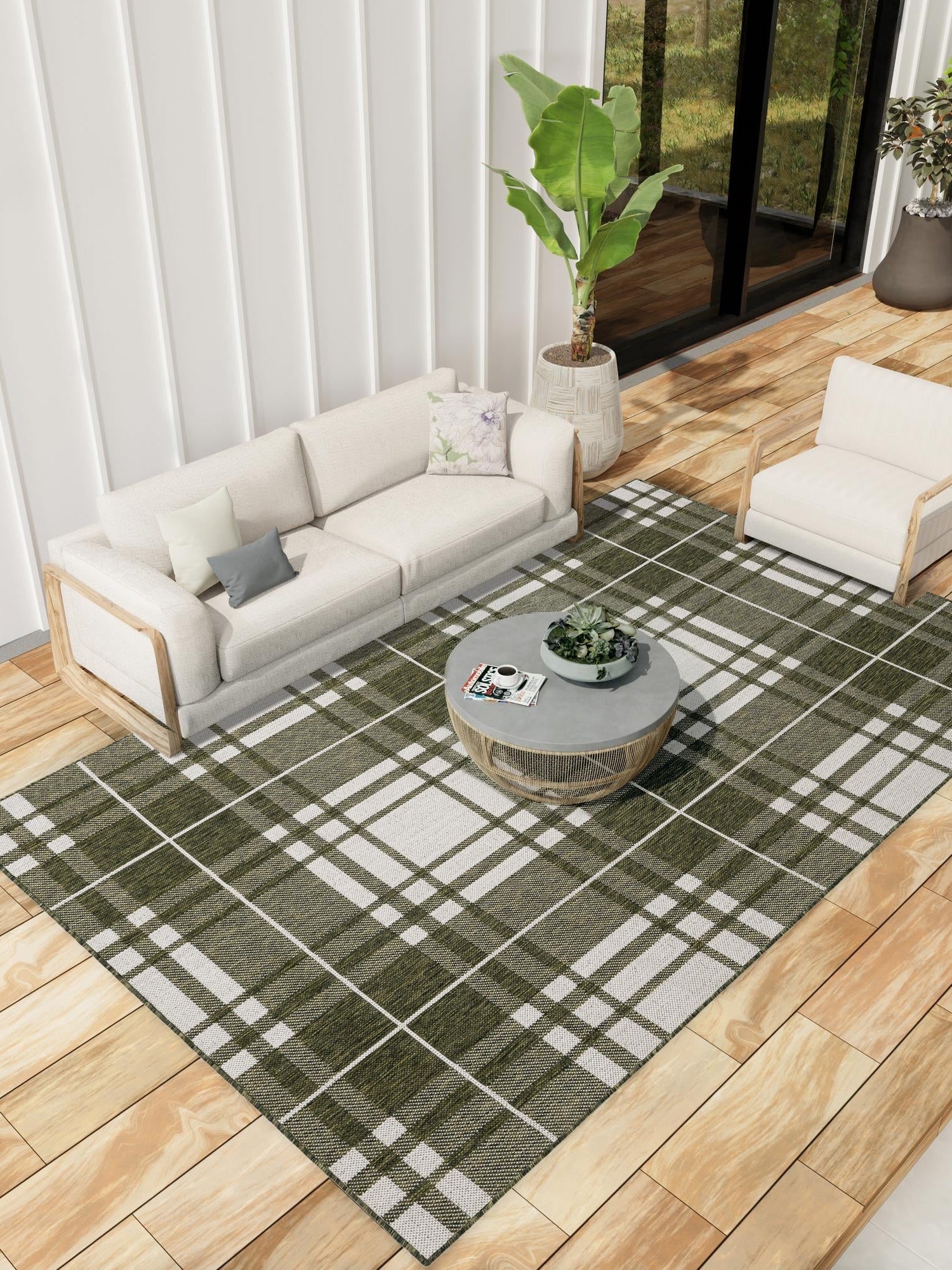Green 9' x 12' Outdoor Checkered Rectangle Area Rug Weather Resistant for Patio, Deck, Terrace, Balcony, Porch 100% Polypropylene Geometric Carpet for Sale at Rug Engine