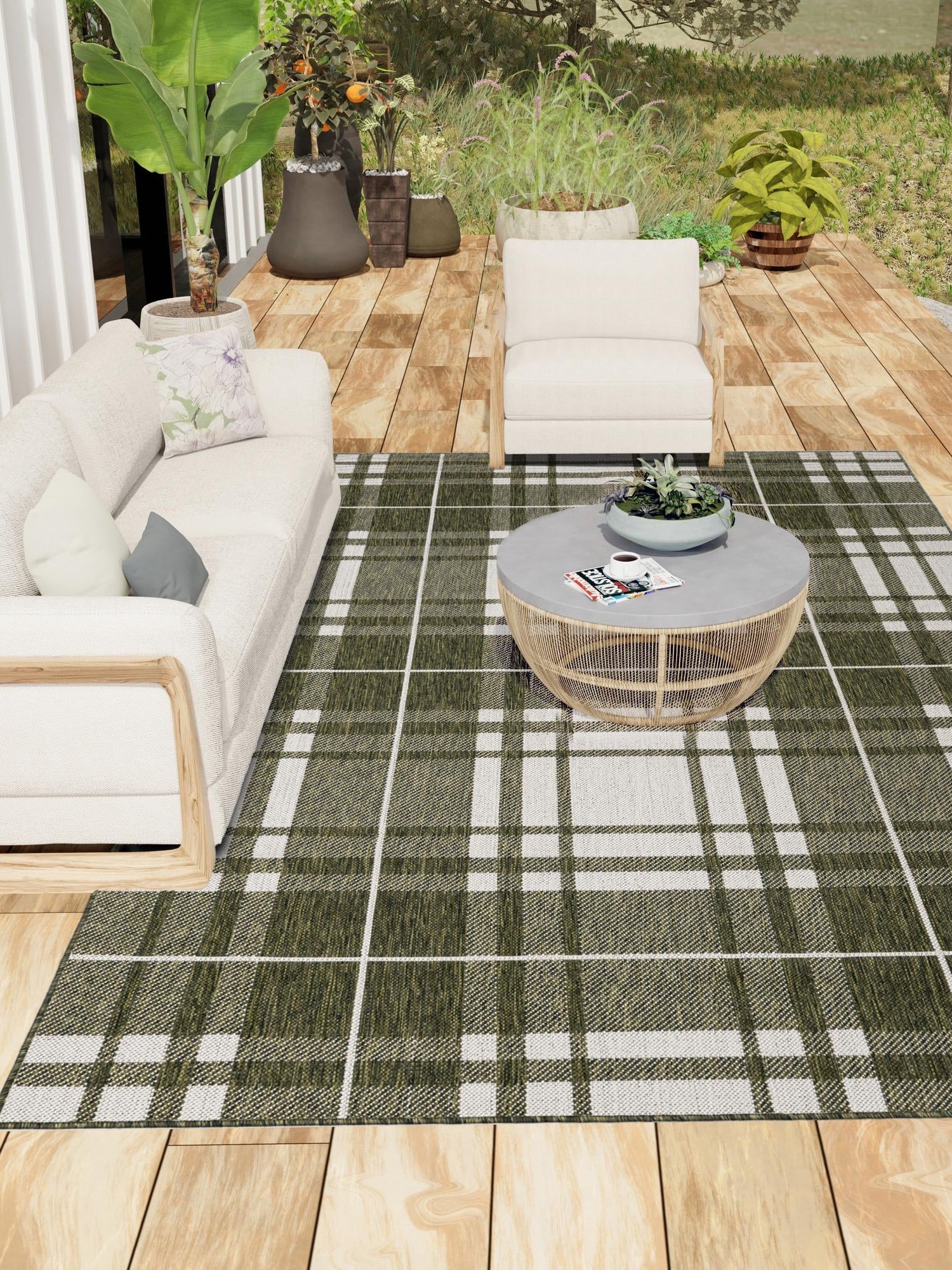 Green 5' 3 x 8' Outdoor Checkered Rectangle Area Rug Weather Resistant for Patio, Deck, Terrace, Balcony, Porch 100% Polypropylene Geometric Carpet for Sale at Rug Engine