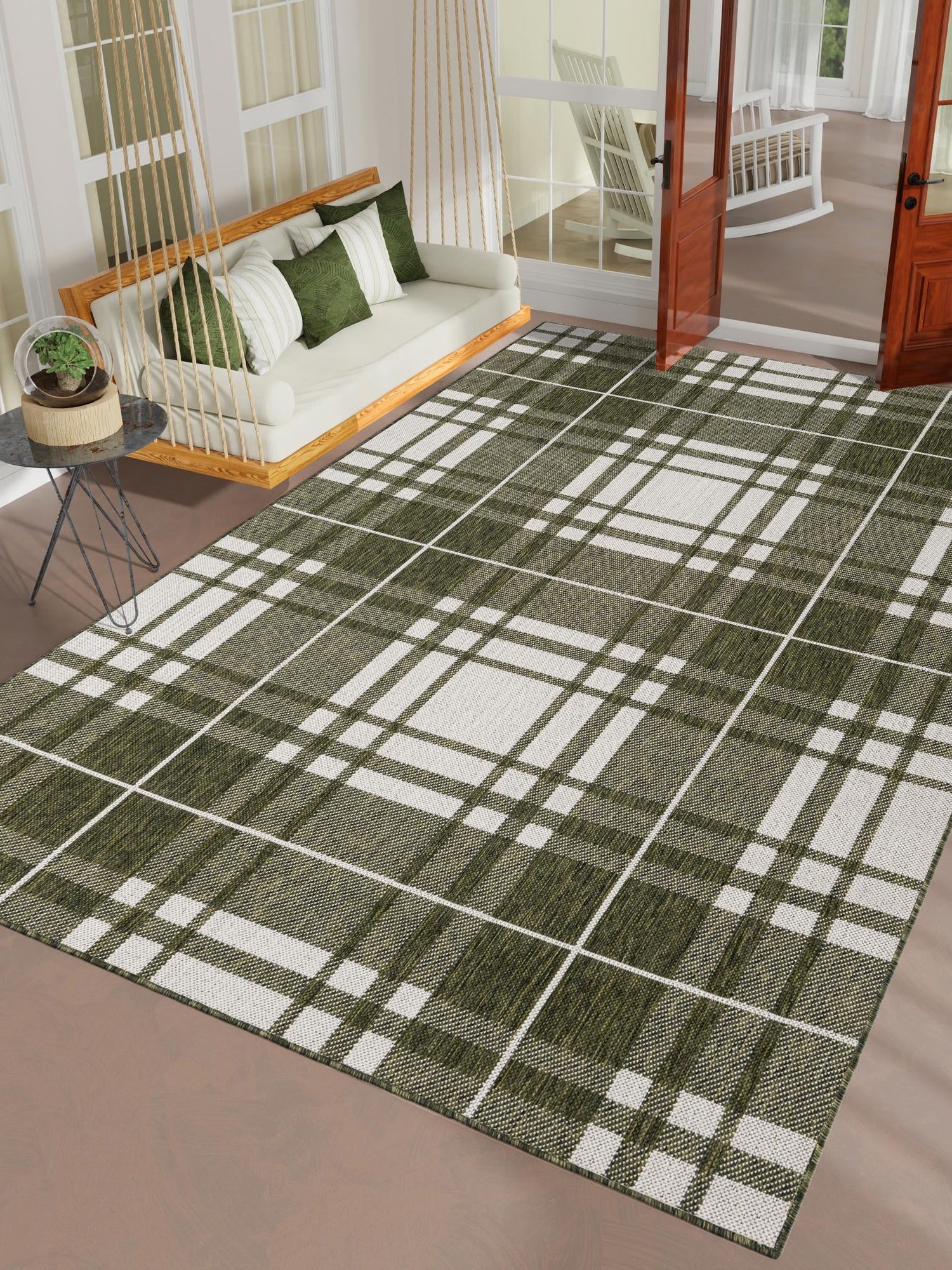 Green 5' 3 x 7' 1 Outdoor Checkered Rectangle Area Rug Weather Resistant for Patio, Deck, Terrace, Balcony, Porch 100% Polypropylene Geometric Carpet for Sale at Rug Engine