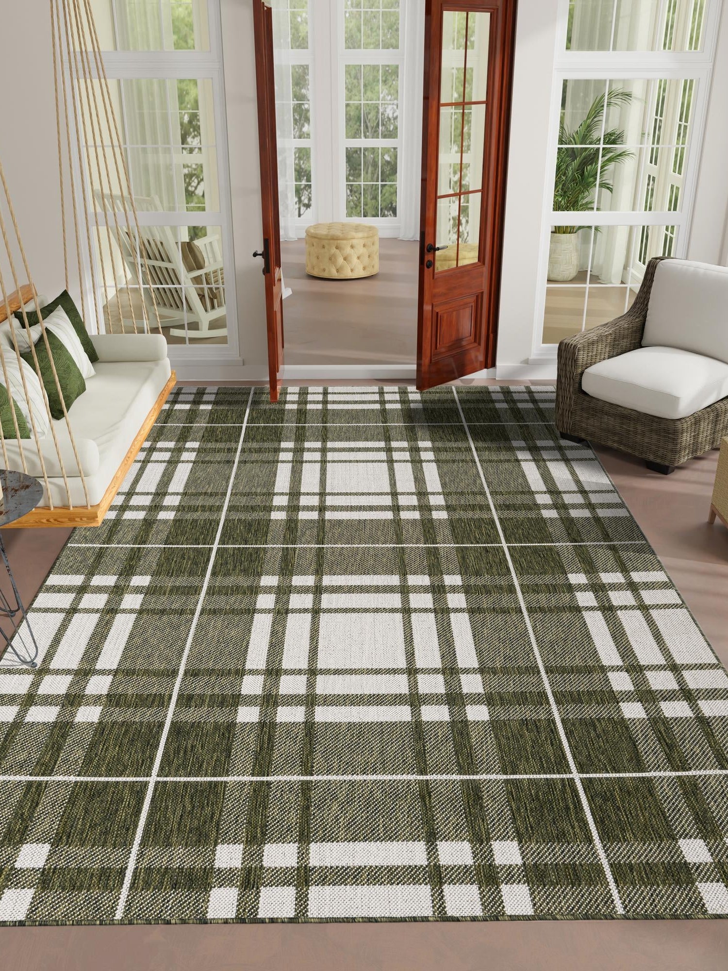 Green 9' x 12' Outdoor Checkered Rectangle Area Rug Weather Resistant for Patio, Deck, Terrace, Balcony, Porch 100% Polypropylene Geometric Carpet for Sale at Rug Engine