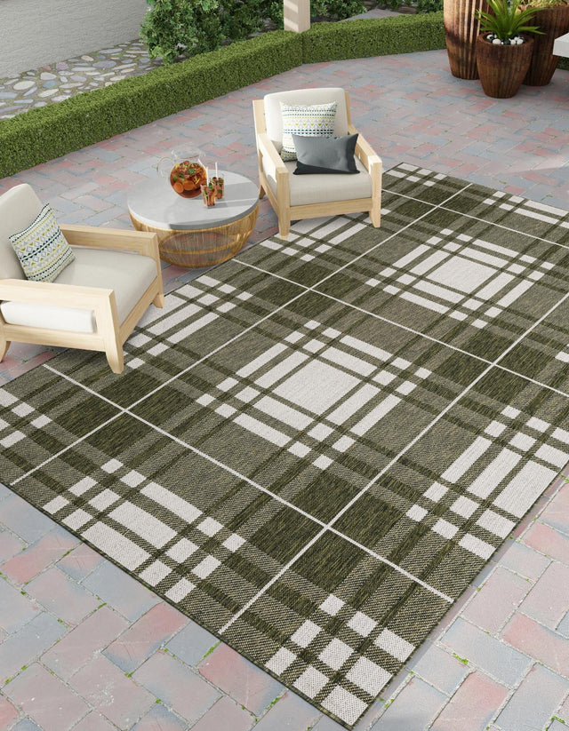 Green 4' 1 x 6' 1 Outdoor Checkered Rectangle Area Rug Weather Resistant for Patio, Deck, Terrace, Balcony, Porch 100% Polypropylene Geometric Carpet for Sale at Rug Engine