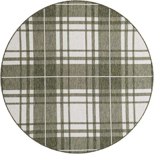 Green 6' 1 x 6' 1 Outdoor Checkered Round Area Rug Weather Resistant for Patio, Deck, Terrace, Balcony, Porch 100% Polypropylene Geometric Carpet for Sale at Rug Engine