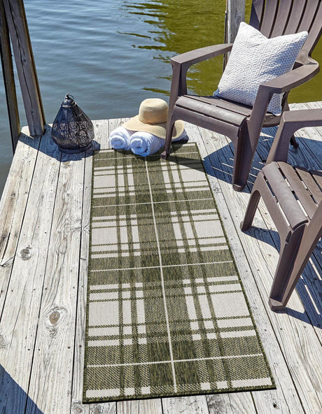 Green 2' x 6' 1 Outdoor Checkered Runner Area Rug Weather Resistant for Patio, Deck, Terrace, Balcony, Porch 100% Polypropylene Geometric Carpet for Sale at Rug Engine