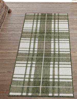 Green 2' x 6' 1 Outdoor Checkered Runner Area Rug Weather Resistant for Patio, Deck, Terrace, Balcony, Porch 100% Polypropylene Geometric Carpet for Sale at Rug Engine