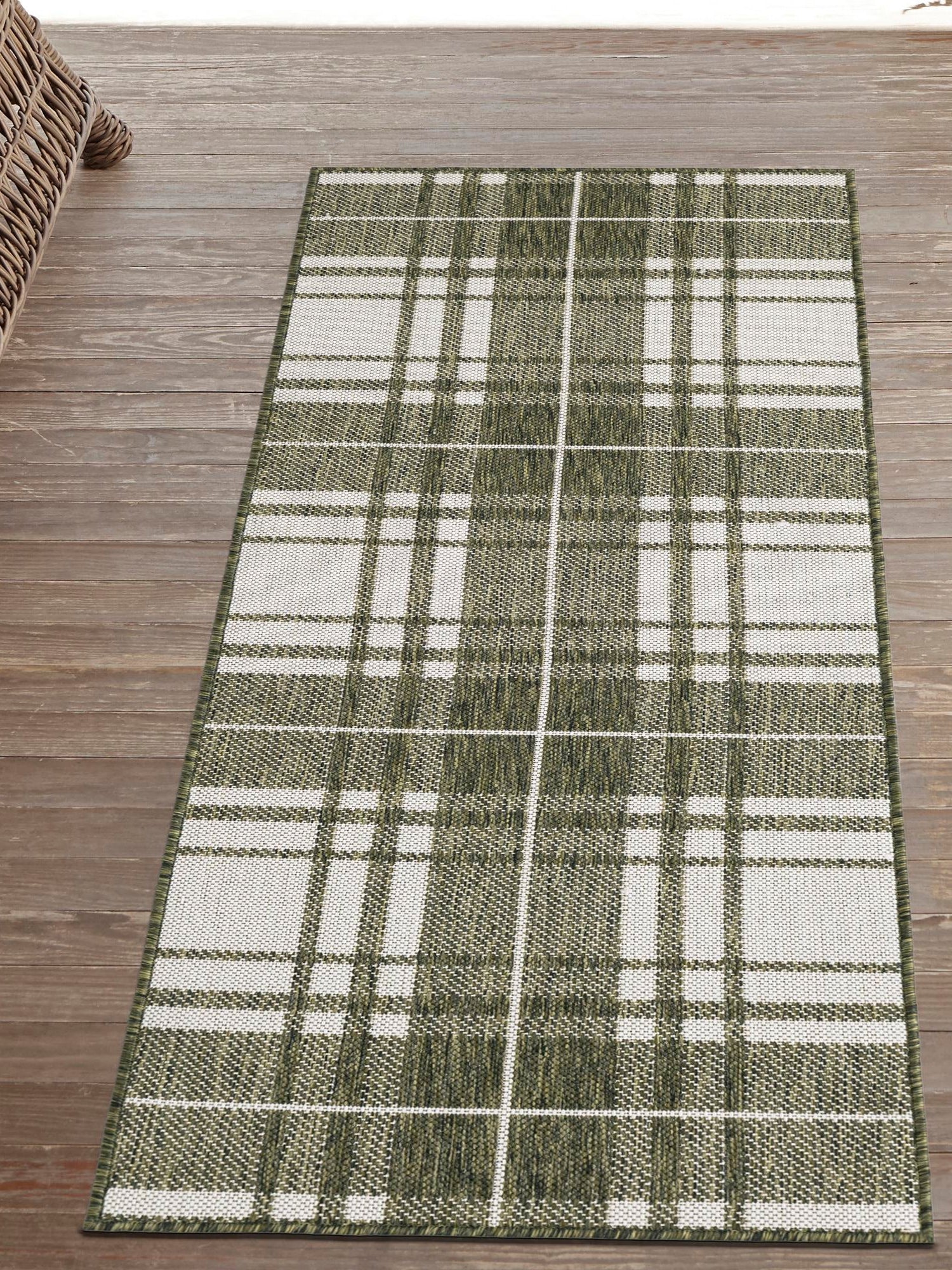 Green 2' x 8' Outdoor Checkered Runner Area Rug Weather Resistant for Patio, Deck, Terrace, Balcony, Porch 100% Polypropylene Geometric Carpet for Sale at Rug Engine