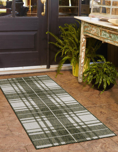 Green 2' x 6' 1 Outdoor Checkered Runner Area Rug Weather Resistant for Patio, Deck, Terrace, Balcony, Porch 100% Polypropylene Geometric Carpet for Sale at Rug Engine