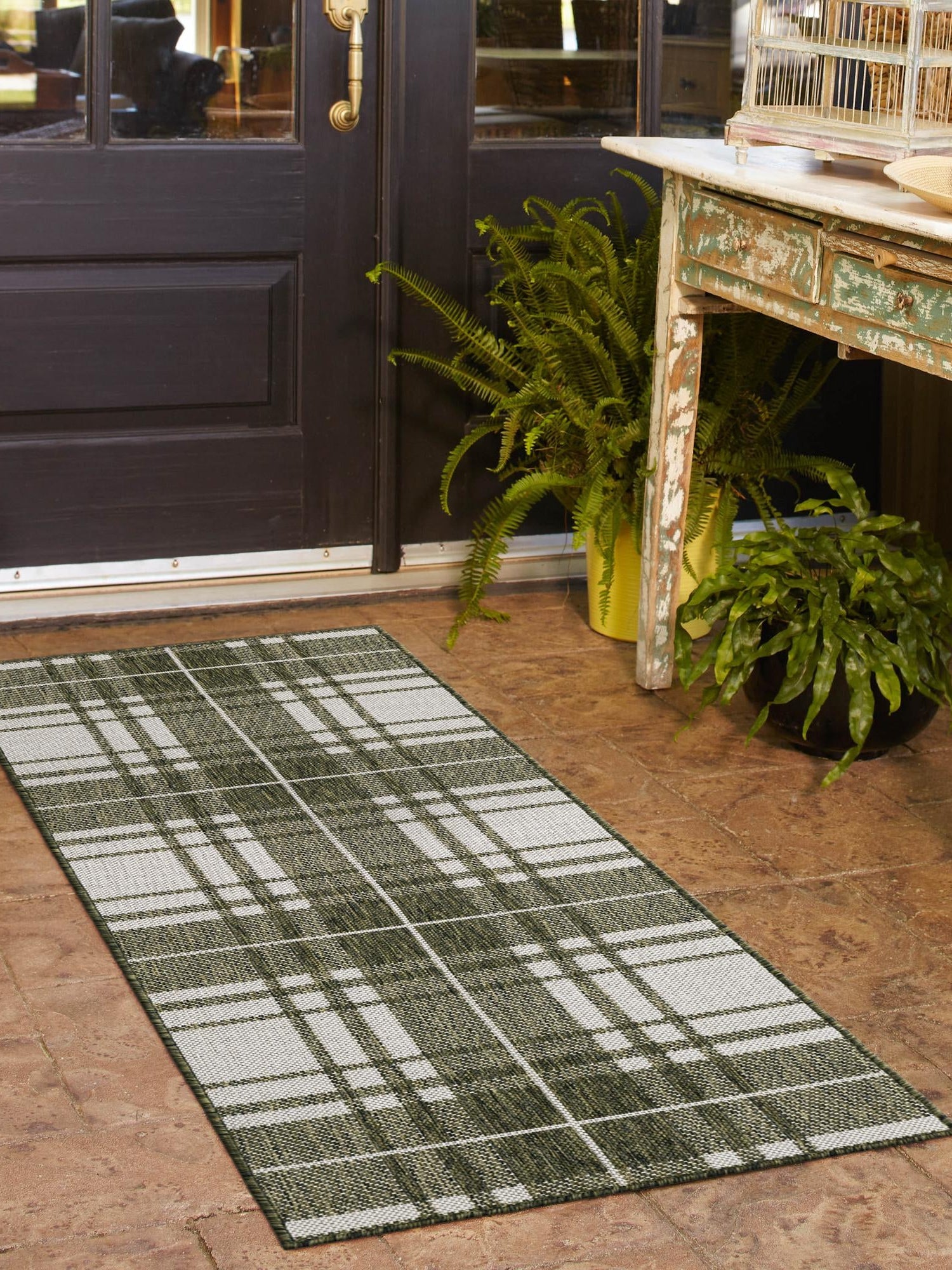 Green 2' 7 x 12' Outdoor Checkered Runner Area Rug Weather Resistant for Patio, Deck, Terrace, Balcony, Porch 100% Polypropylene Geometric Carpet for Sale at Rug Engine